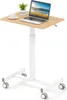 A mobile standing desk with a laptop, a plant, and a cup of coffee on its surface, set against a white background. Produktbild-Vorschau