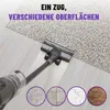 A vacuum cleaner head is shown cleaning a floor and a carpet, with circular icons representing different floor types below. Produktbild-Vorschau