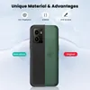 A split image showing a phone case with different textures and features highlighted. Produktbild-Vorschau