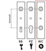 Diagram showing different types of door lock mechanisms and their dimensions. Produktbild-Vorschau