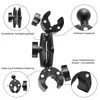 Close-up view of a black camera clamp mount with various features highlighted by text labels and inset diagrams. Produktbild-Vorschau