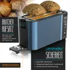 A blue toaster with bread rolls on top, with marketing text and diagrams. Podgląd zdjęcia produktu