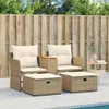 Two beige poly rattan sofas with cream cushions and matching ottomans are placed on a light gray patio next to a wooden fence and a swimming pool. Náhľad obrázku produktu