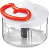A manual food chopper with a clear plastic container, white lid, and red pull cord. Produktbild-Vorschau