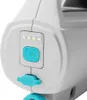 A close-up view of the control panel of a white and blue pool cleaner, showing the power button, battery indicator lights, and charging port. Náhled obrázku produktu