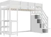 A white loft bed with a desk and shelves underneath, and stairs with storage compartments on the side. Produktbild-Vorschau