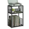 A three-tiered black metal stand holding a record player, a digital clock, books, and vinyl records. Náhled obrázku produktu