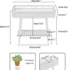 A diagram showing the dimensions of a white wooden plant stand with two shelves. It also includes an illustration of a potted plant with a size recommendation for the pot diameter. Produktbild-Vorschau