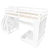 A white loft bed with a desk, shelves, and stairs. Náhled obrázku produktu