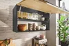 A modern kitchen scene with a wall-mounted cabinet open, displaying kitchenware. Produktbild-Vorschau