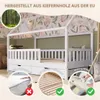 A children's house bed with drawers, shown with close-up insets highlighting features. Produktbild-Vorschau