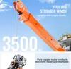 A close-up of an orange crane arm with text overlays highlighting its lifting capacity and motor. Anteprima dell’immagine prodotto