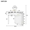 A diagram of a white corner vanity table with dimensions and features labeled. Produktbild-Vorschau