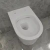 A white, modern, wall-mounted toilet bowl is shown from a high angle, resting on a grey marble tiled floor. Produktbild-Vorschau