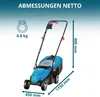 A blue and gray electric lawnmower with measurement indicators for weight, height, width, and length. Náhled obrázku produktu