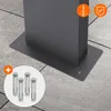 Close-up of a mailbox base with mounting hardware and icons indicating installation and quality. Náhled obrázku produktu
