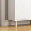 A close-up view of the bottom corner of a white cabinet with wooden legs, placed on a wooden floor next to a wall. Produktbild-Vorschau