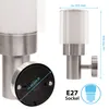 Two views of a modern stainless steel outdoor wall light with a glass shade. One view shows the side profile with dimensions, and the other shows the mounting base. Produktbild-Vorschau