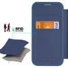 A product image showing a blue phone case with a credit card inserted, along with diagrams illustrating RFID blocking and material layers. Voir les images du produit