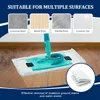 A mop head with a teal handle is shown on a wooden floor, with examples of different floor types it can clean displayed above. Produktbild-Vorschau