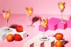 A still life arrangement of shot glasses with apricot slices and whole apricots on pink and white geometric pedestals. Produktbild-Vorschau