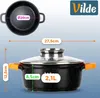 A top-down view and a side view of a black pot with orange handles and a glass lid, with dimensions and capacity indicated by text overlays. Voir les images du produit