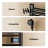 A triptych image showcasing features of a black electric towel radiator. Produktbild-Vorschau