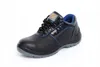 A black leather safety shoe with blue accents and a gray sole, shown against a white background. Produktbild-Vorschau