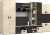 A modern living room wall unit with multiple cabinets and shelves, displaying a television and decorative items. Náhľad obrázku produktu