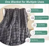 A dark gray plush blanket draped over a chair, with various icons and text boxes illustrating its multiple uses. Náhled obrázku produktu