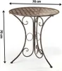 A brown metal bistro table with a decorative top and ornate legs, shown against a white background with dimensions indicated. Podgląd zdjęcia produktu