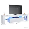 A white high-gloss TV stand with RGB lighting, featuring a television on top and storage compartments below. Podgląd zdjęcia produktu