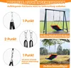 The image shows different ways to hang a swing, with diagrams and photos of the swing attached to a swing set and a tree. Náhľad obrázku produktu