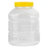A clear, front-facing studio shot of a large, empty, transparent plastic storage container with a bright yellow screw-on lid. Produktbild-Vorschau