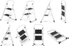 A collage of a white folding step stool with black steps shown from multiple angles. Produktbild-Vorschau