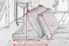 A sketch-like illustration of a sofa or daybed with cushions, featuring red measurement lines and labels. Produktbild-Vorschau