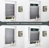A collage of four images showing a pleated blind in a window at different heights, demonstrating its adjustable feature. Produktbild-Vorschau