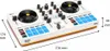 A white DJ controller with blue pads and yellow accents, shown from a slightly elevated diagonal angle. Dimensions are indicated with arrows and text. Anteprima dell’immagine prodotto