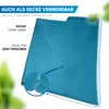 A teal sleeping bag laid out flat, with text overlays highlighting its features. Produktbild-Vorschau