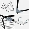 A collage of four images showing different angles and details of a foldable clothes drying rack. Produktbild-Vorschau