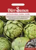A seed packet for Artichokes Green Globe, featuring images of artichokes and seeds. Produktbild-Vorschau