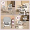 Collage of images showing a gray and white 2-in-1 high chair in different configurations and settings. Podgląd zdjęcia produktu