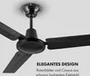 A black ceiling fan is shown from a low angle, mounted on a white ceiling. Text describing the product is in the lower right corner. Produktbild-Vorschau