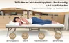 A woman sleeping on a portable bed, with text and icons highlighting product features. Voir les images du produit