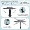 Collage of images showing features of a patio umbrella, including opening, closing, and angle adjustment. Produktbild-Vorschau