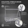 A grey wooden children's tipi bed with informational callouts highlighting its features. Produktbild-Vorschau