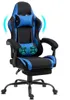 A blue and black gaming chair with a footrest and headrest, shown from a three-quarter angle against a white background. The chair has glowing blue accents indicating massage features. Anteprima dell’immagine prodotto