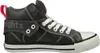 A side view of a dark gray high-top sneaker with white laces and a white toe cap. Voir les images du produit