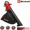 A red and black leaf blower with a collection bag attached, set against a white background. It is shown with promotional badges and text at the bottom. Produktbild-Vorschau