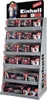 A retail display stand showcasing Einhell KIDS toy tools, specifically a jigsaw, with multiple units on shelves. Náhled obrázku produktu